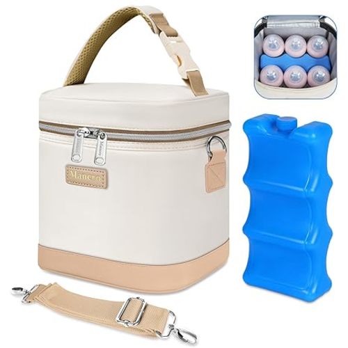 Mancro Insulated Baby Bottle Cooler Bag with Ice Pack, Breastmilk Storage Tote Fits 6 x 9oz Bottles, Waterproof Bottle Bag Companion for Breastfeeding Moms，Cream & Light Brown