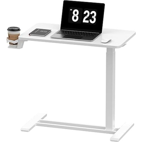 FLEXISPOT H7 Adjustable Overbed Bedside Table with Wheels Pneumatic Mobile Standing Desk Laptop Desk Rolling Computer Cart Movable Overbed Table Hospital Home Use(27.6" W x 15.7" D, White)
