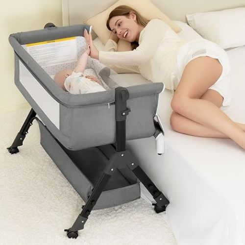 3 in 1 Baby Bassinet Bedside Sleeper, Bedside Crib for Baby, Adjustable Baby Bassinet with Wheels, Storage Basket, Mattress, Easy Assemble & Folding Portable Baby Cradle