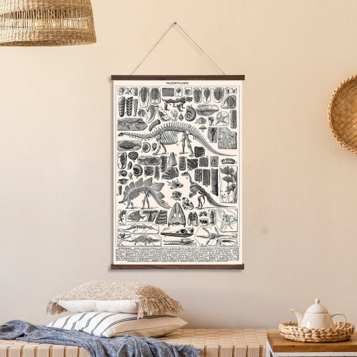 Fossil Skeletons and Dinosaur Bones Illustration Wall Hanging - Paleontology Art - Printed on Premium Canvas With Real Walnut Wooden Hangers