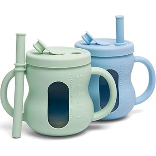 100% Silicone Baby Training Cup 2PCS See-through Toddler 5OZ Straw Drinking Cups for Infants 6 Months+ (Green and Blue)