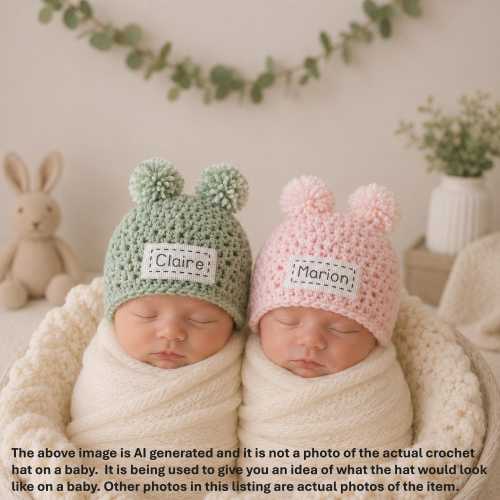 Personalized Crochet Baby Hat: Newborn Gift with Pom Poms