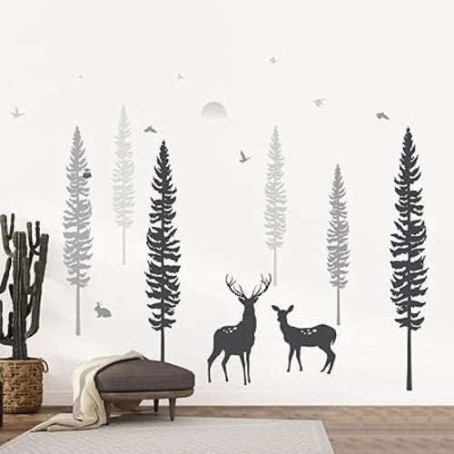 Woodland Nursery Decor – Dreamy Forest Theme Pine Tree Wall Decals with Animals, Deers & Owl – Cute Baby Boy Girl Kids Wall Stickers for Playroom, Bedroom, Classroom & Daycare