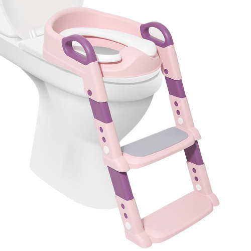 Dznils Potty Training Toilet Seat with Anti-Slip Ladder, Foldable & Adjustable Height, Toddler 12+ Months, Unisex, Pink