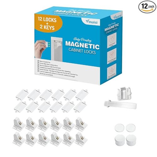 Vmaisi Adhesive Magnetic Cabinet Locks (12 Locks and 2 Keys)