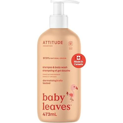 ATTITUDE Baby 2-in-1 Shampoo and Body Wash, Made in Canada, EWG Verified, Dermatologically Tested, Vegan, Orange and Pomegranate, 473 mL