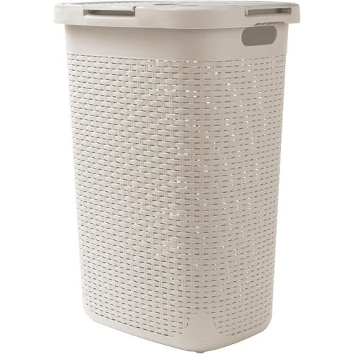 Mind Reader 60L Slim Laundry Hamper, Clothes Basket, Lid, Wicker Design, Plastic, 17.65"L x 13.75"W x 24.15"H, Ivory