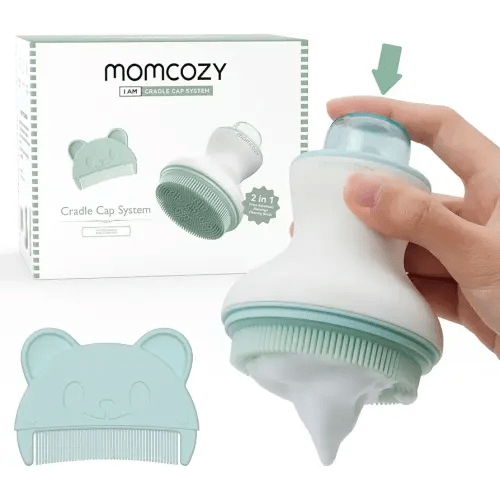 Momcozy Innovative Cradle Cap Brush with Pump, 2-in-1 Baby Cradle Cap Brush with Bubbler, Newborn Cradle Cap System, Shampoo Brush Baby Bath Essential Foamer Brush, Baby Hair Brush, Green