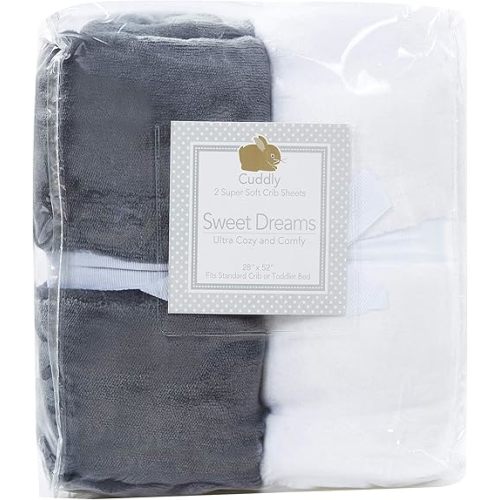 Warm Microplush Crib Sheets for Boys Girls, 2 Pack Super Soft and Warm Fitted Crib Sheets for Standard Crib Mattress, Neutral Toddler Bed Sheets for Winter, 28in x 52in, Grey/White