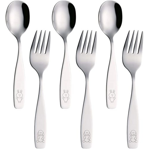Exzact Children Flatware 6pcs - 3 x Forks, 3 x Spoons - Toddler Utensil Kids Silverware Cutlery Stainless Steel - Dishwasher Safe