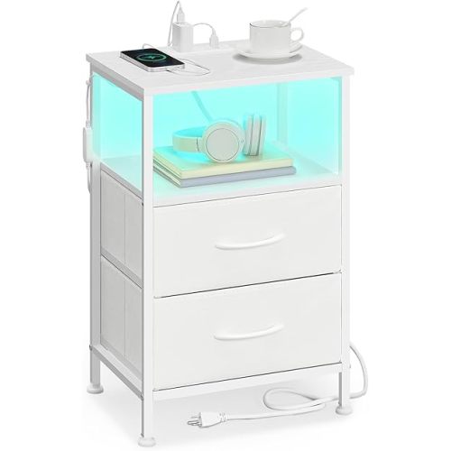 SONGMICS BELLAH Collection - Nightstand with Charging Station and App-Controlled Adjustable LED Lights, Bed Side Table, 2 Drawer and 1 Open Shelf, Bedroom, Cloud White and Snow White ULGS302WH01S
