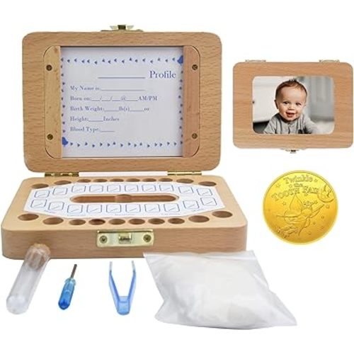 MOLFUJ Baby Tooth Fairy Keepsake Box, Newborn Personalized Wooden Storage Album for Lost Tooth, Children Memory Boxes to Save First Teeth & Hair, Tooth Holders for Lost Teeth