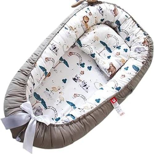 Baby Lounger, Newborn Essentials Baby Snuggle lounge me, Baby Nest Cover for 0-12 Months, Breathable & Portable Infant Lounger, Adjustable Baby Floor Seat Cover for Travel (Gray-Rimmed Lions)