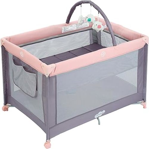 Pamo Babe Portable Playard with Mat Pad and Toy Bar Pink Play Yard for Baby