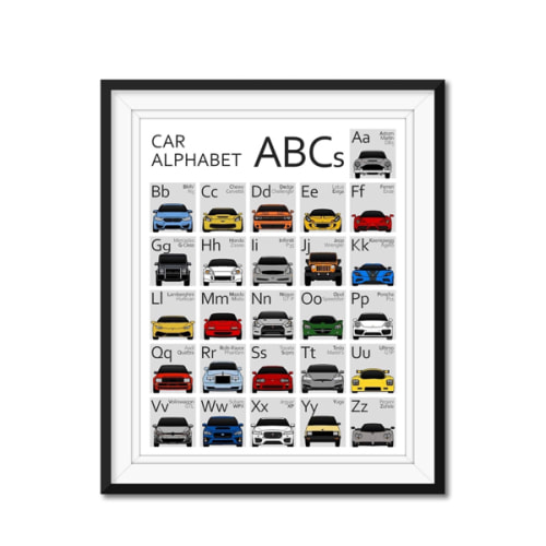 ABC Car Poster - Handmade Print of A to Z - 8x10" Satin Print (Unframed) - Gift for Car Enthusiast