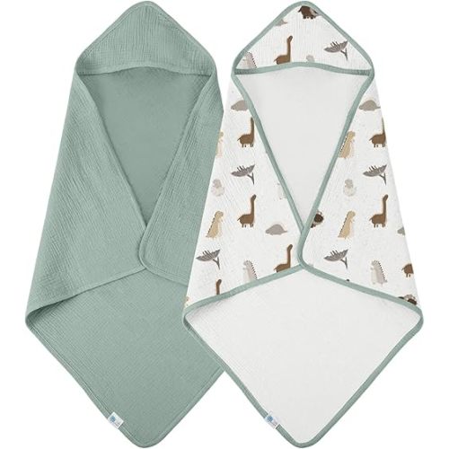 lulumoon Muslin Baby Hooded Towels: Soft & Absorbent Bath Towels for Newborns - Ideal for After Bath Routine & Registry Gift 2-Pack 32x32 Inch (Sage Dinosaur)