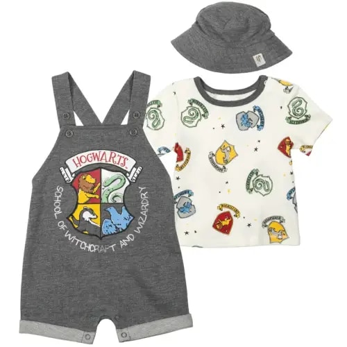 Harry Potter Hogwarts Infant Boys 3 Piece Outfit Set: French Terry Short Overalls, T-Shirt, Hat