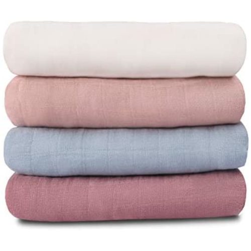 Meracorallo Muslin Swaddle Blanket Silky Soft Receiving Blanket Neutral Swaddle Wrap for Baby Boys and Girls, 47 x 47 inches, Set of 4 Solid Color (White+Blue+Pink+Purple)
