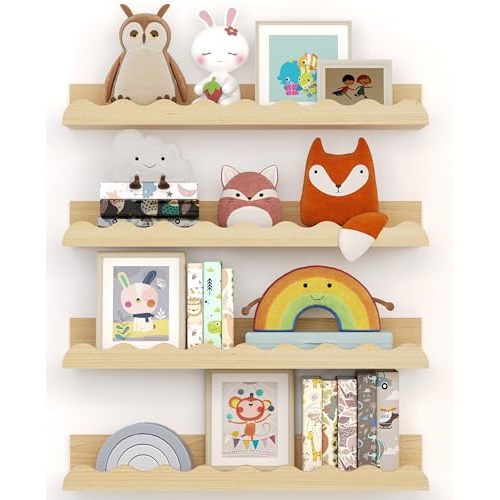 Kids' Bookshelf Set of 4 - Wood Floating Nursery Book Shelves, Picture Ledge Shelf for Wall Decor and Storage - Perfect for Books, Toys, Photo Frames, and Nursery Décor