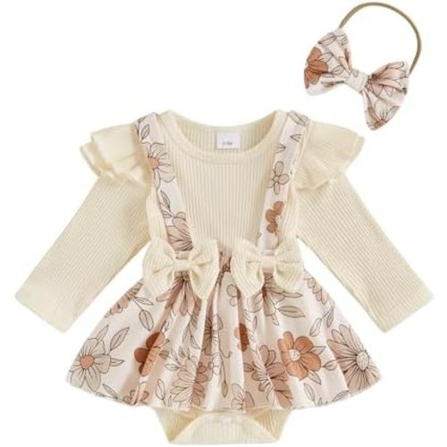 Baby Girl Fall Outfit Newborn Floral Romper Dress Infant Ruffle Long Sleeve Ribbed Bodysuit Winter Clothes Set