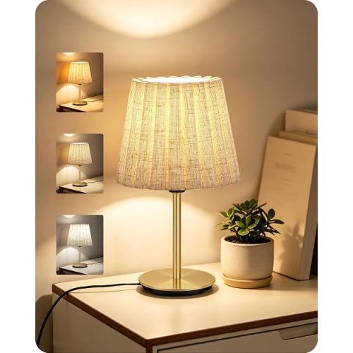 Small Bedside Table Lamp, Dimmable Table Lamp with 3 Adjustable Color Temperatures, Nightstand Lamp with a Dimmable Bulb, E26 Base, for Bedroom, Study, Desk, Beige and Gold DE15TL05