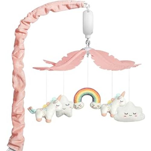Crib Mobile for Girls - Pink and White Unicorn & Weather Theme, Mobile for Crib with 35 Lullabies & 3 Modes Music Box, Nursery Decoration for Infant Soothing & Sleep