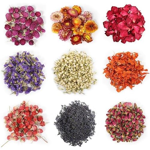 9 Bags Dried Flowers,100% Natural Dried Flowers Herbs Kit for Soap Making, DIY Candle Making,Bath - Include Rose Petals,Lavender,Don't Forget Me,Lilium,Jasmine,Rosebudsand More