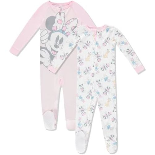 Disney Baby Onesies 2 Pack Zip-Up Sleeper - Mickey & Minnie Mouse, Lion King, Dalmatians - Newborn Girls & Baby Boy's Pajamas