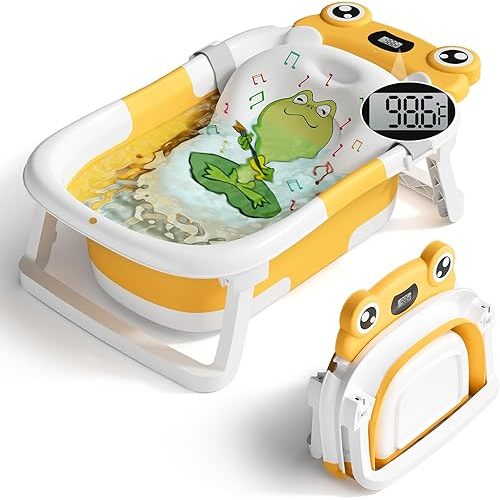 BUNWAG Baby Bathtub, Collapsible Newborn Bathtub for Infant to Toddler with Soft Cushion and Thermometer,Portable Travel Newborn Tub with No-Slip Feet, Baby Shower Gifts, 0-12 Months Baby Bath, Yellow