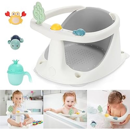 Baby Bath Seat, Bath Seats for Babies Sitting Up, Baby Bathtub Chair for Babies 6 Months & Up, Toddler Baby Bath Chair with Funny Bath Toys, Soft Cushion, Non-Slip (Grey)
