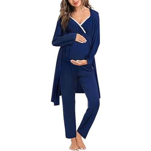SWOMOG Maternity Nursing Robe Set 3 Piece Breastfeeding Pajamas 3 in 1 Labor Delivery Sleevless Tops&Long Pants Pregnancy Pjs