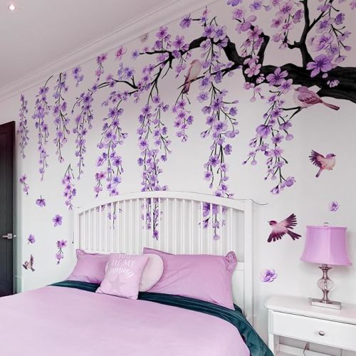 Lilac Wall Decoration Large Cherry Blossom Tree Wall Stickers,4 Sheets Spring Purple Flower Bird Wall Decals Peel and Stick Wall Murals Decor for Living Room Bedroom (Purple, 11.8 * 35.4inch)