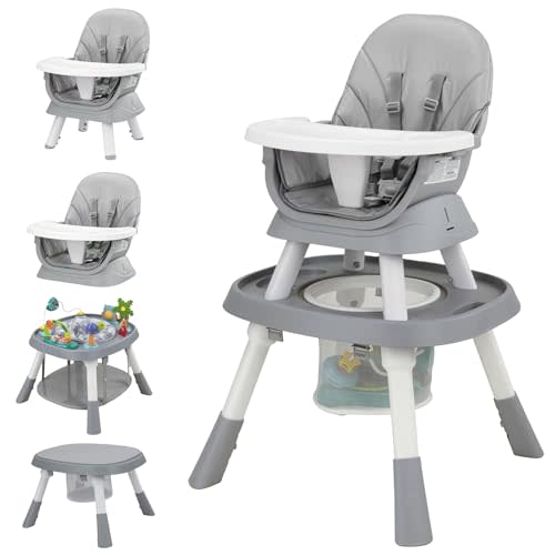 Baby High Chair with Activity Center, 8-in-1 Convertible High Chairs for Babies and Toddlers with Baby Toys, Highchair for Ages 6-120 Months (Grey)