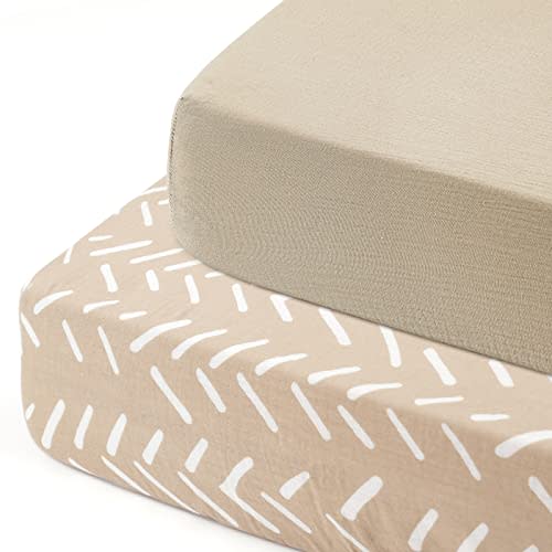 GRSSDER Soft Muslin Crib Sheet 2 Pack, 100% Cotton Crib Sheets for Boys and Girls, Fit Standard Crib Mattresses 52" x 28" Safe and Snug, Taupe/Stripe