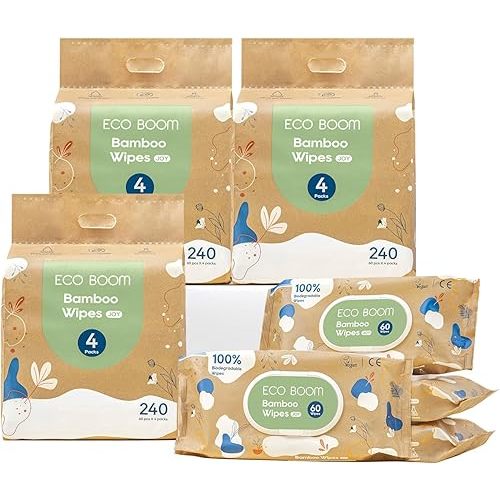 ECO BOOM Bamboo Baby Wipes | natural | 100% Plant-Based & fragrance free | Unscented & safe for Sensitive Skin | 99% Water | 16 Pack, Bulk Total of 960