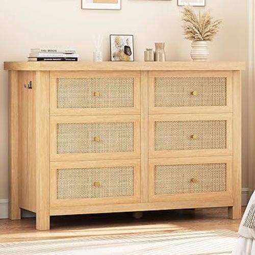 Rattan Dresser for Bedroom with 6 Drawers - 47'' Boho Chest of Large Drawers with Metal Handle, Large Storage Wood Bedroom Dresser for Living Room, Enterway, Hallway (Natural Oak)