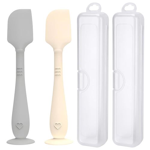 2 Pack Diaper Cream Spatula with Hygienic Travel Case, Baby Butt Paste Spatula with Suction Base, Soft Silicone Diaper Rash Cream Applicator Large Size (Gray & Offwhite)