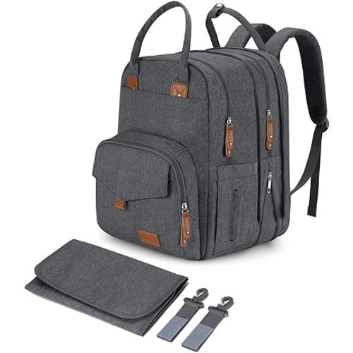 Large Diaper Bag Backpack for Two Kids Twins - Expandable Baby Bag (26-36L), Dual Big Compartments - Includes Changing Pad & Stroller Straps, Unisex Dark Grey