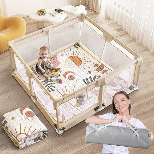 Baby Playpen with Mat, 50x50 Inch Playpens for Babies and Toddlers, Play Pen with Carrying Bag, Play Yard for Indoor and Outdoor with Visible Mesh(Beige Nature)