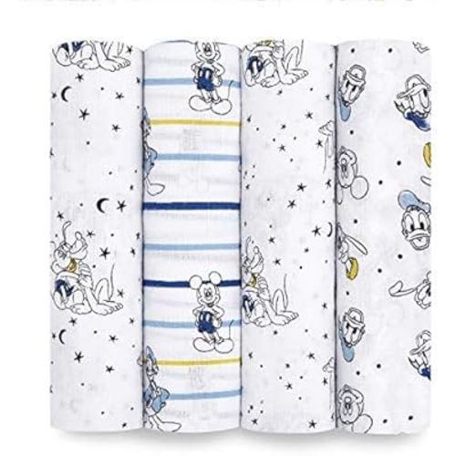 aden + anais Disney, Swaddle Blanket, Boutique Muslin Blankets for Baby Girls and Boys, Newborn Receiving Blanket for Swaddling, 100% Cotton Baby Swaddle Wrap, 4 Pack, Mickey Stargazer