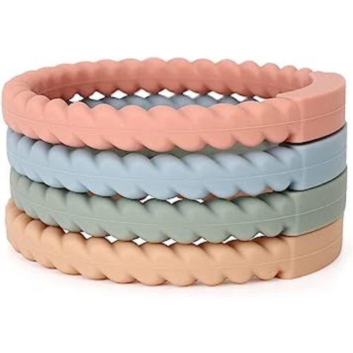 Socub Silicone Baby Teether Toy, 4 Pack BPA Free Soft Silicone Teether Bracelets for 3+Month babies, Wearable as Bracelets, Baby Chew Toy (Sage/Ether/Muted/Apricot)