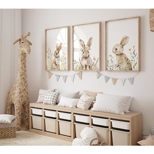 Set of 3 Prints Wildflower Bunny Nursery Wall Art Woodland Canvas Artwork for Kids Room Nursery Decor Ready To Hang