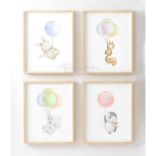 SET of four Watercolor Nursery Art ANIMALS with BALLOONS, Ballons Animals Prints, Balloon wall art, Nursery balloons art, Aida Zamora.