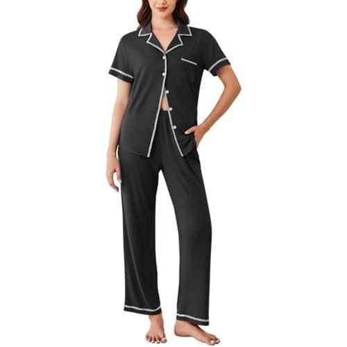Ekouaer Button Up Pajamas for Women Short Sleeve with Long Pants Two-Piece Sleepwear Soft Pjs Set