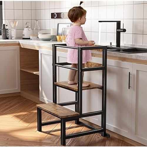Kitchen Step Stool for Toddlers, Height Adjustable Toddler Tower with Safety Rail, Steel and Wood Toddler Kitchen Stool Helper Kids, Kitchen Stool for Kids, Learning Tower, Toddler Stool Brown
