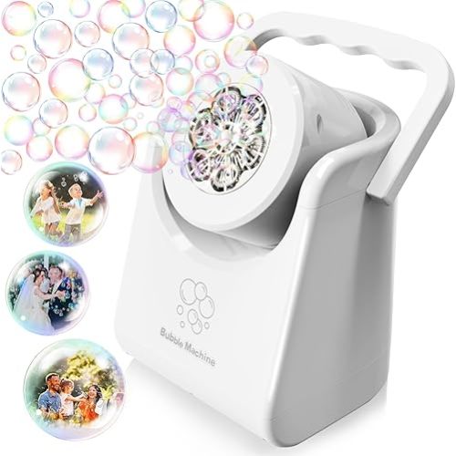 Bubble Machine Automatic Bubble Blower for Kids Batteries Operated Portable Bubble Maker Electric Bubble Machine Adjust Angle by 90° Indoor Outdoor Toy for Birthday Party Wedding White