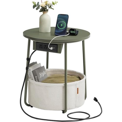 VASAGLE Side Table with Charging Station, Round End Table With Fabric Basket, Nightstand with Power Outlets USB Ports, for Living Room, Bedroom, Modern, Forest Green and Cream White ULET228C04