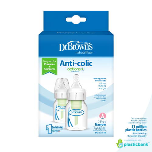 Dr. Brown's Natural Flow Anti-Colic Options+ Narrow Baby Bottle, 2oz/60ml, Preemie Flow, 0m+, 2 Pack