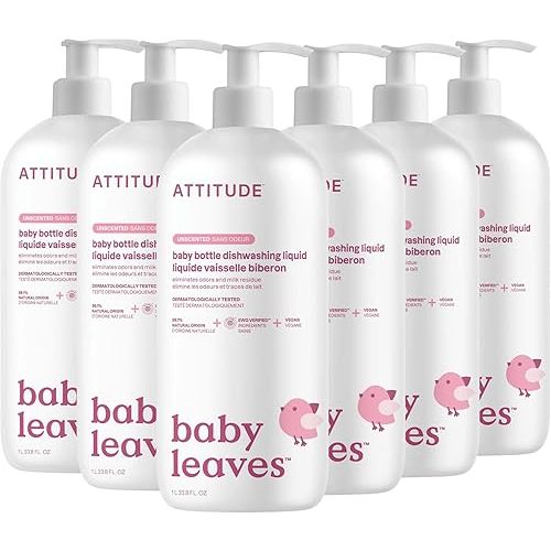 ATTITUDE Baby Dish Soap and Bottle Cleaner, EWG Verified Dishwashing Liquid, No Added Dyes or Fragrances, Tough on Milk Residue and Grease, Vegan, Unscented, 33.8 Fl Oz (Pack of 6)