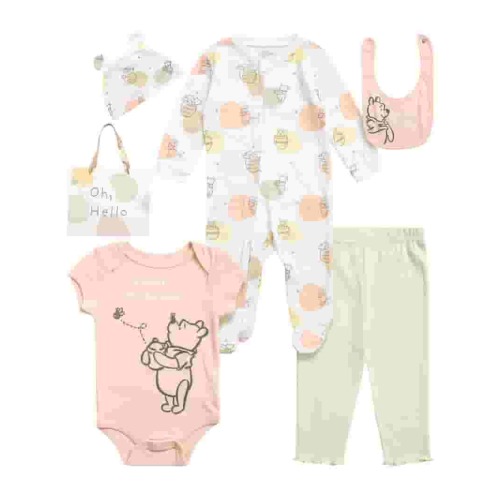 Disney Newborn Baby Layette Set - 6 Piece Disney Bodysuit Coveralls Sweatpants, Hat, Gift Bag (0-6M)